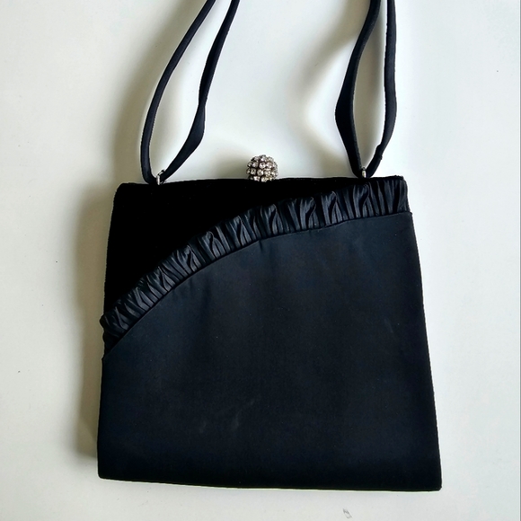 Elegant Vintage Handmade Spanish Retro Black Satin and Velvet Handbag - Picture 1 of 6